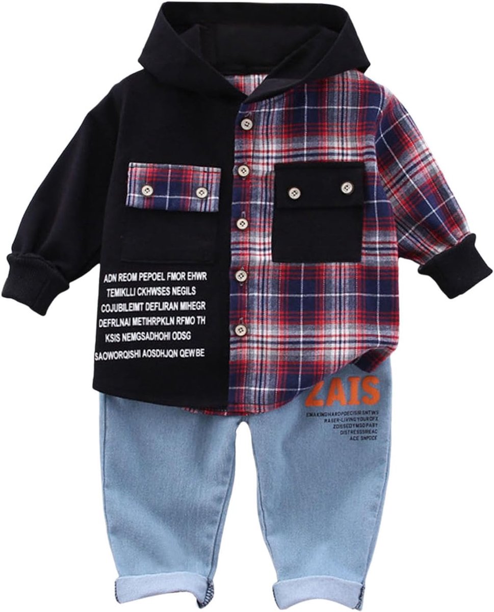 Kledingset voor peuters, jongens en meisjes, T-shirt met lange mouwen, patchwork-print, top met capuchon, broek