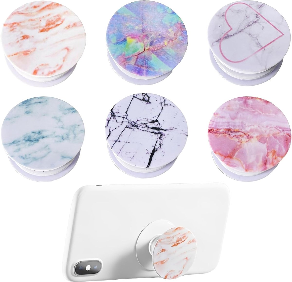 Set van 6 telefoonringen in marmerdesign, telescopisch en opvouwbaar, telefoonaccessoires voor dames, chic, vingergreep met sterke lijm voor smartphone