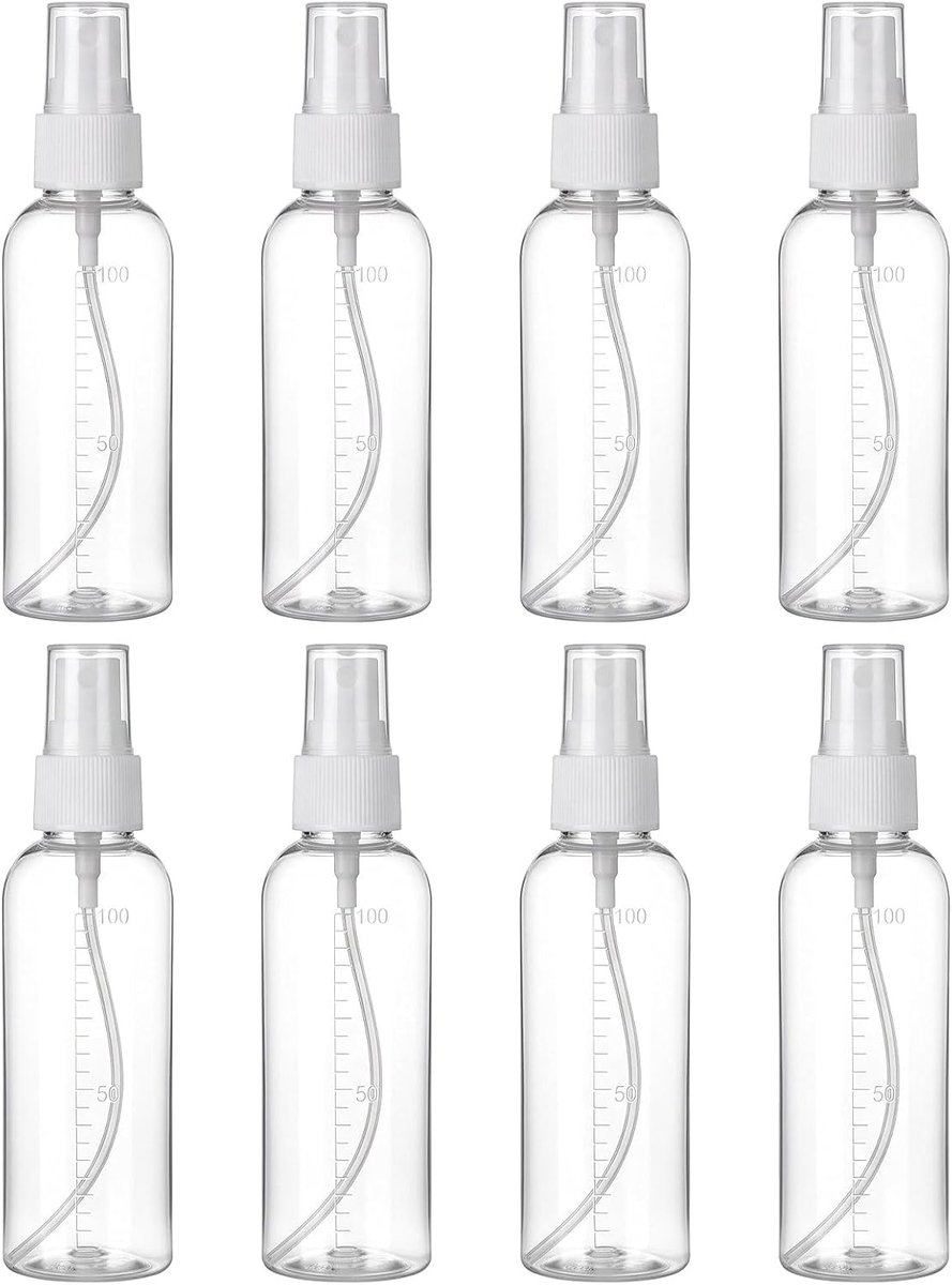 8 stuks 100 ml reisflessen met schaalverdeling, herbruikbare spuitfles van transparant kunststof voor vloeistoffen, parfum en cosmetica, reiscontainer voor vliegtuig en make-up