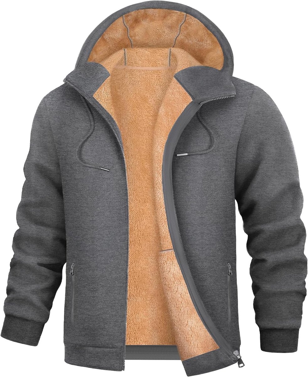 Heren hoodies met lange mouw, fleece voering en geribbelde manchetten. Extra warme winddichte herenjassen met ritssluiting voor de winter, hoodie met ritszakken, dikke sweatshirts.