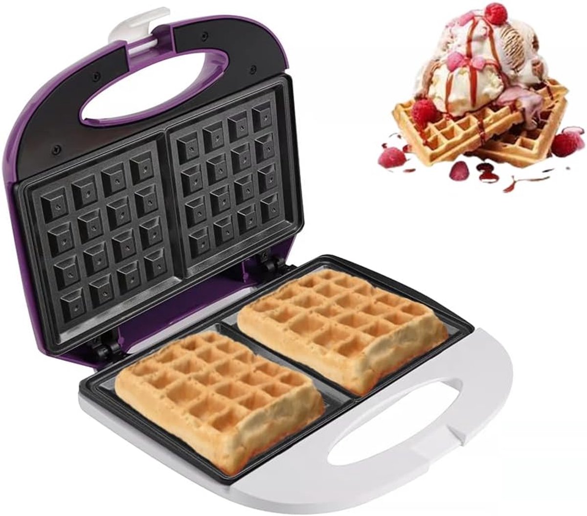 Wafelplaat met anti-aanbakplaat wafelmaker met antislip voetjes 800 W, wit en paars