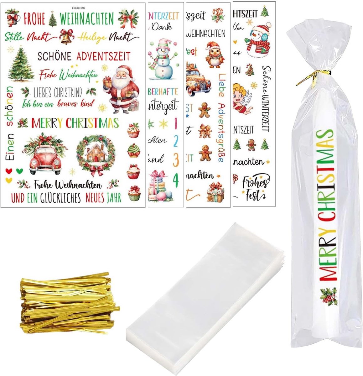 Kaarsentatoeages set – 4 vellen kleurrijke kerststickers, 100 kaarszakjes 30x8cm, 100 sluitstrips – DIY decoratie voor kaarsen, mokken en bekers – feestelijke cadeauset