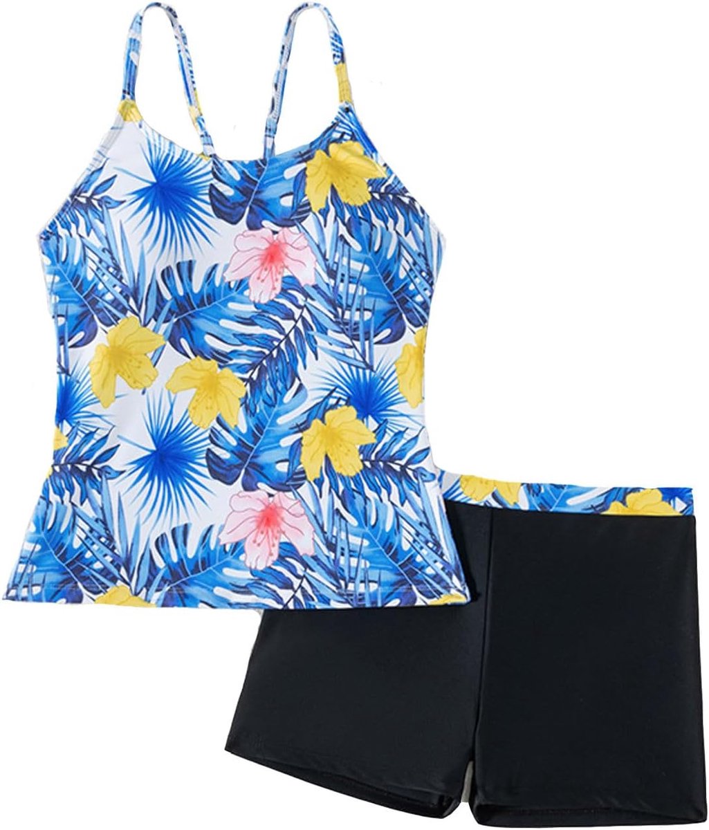 Badpak voor meisjes, tankini, ruches, zonwering, uv-bescherming, tropisch, strand, zwembad, zwemmen, vakantie, zomer, kinderen, chic, A8
