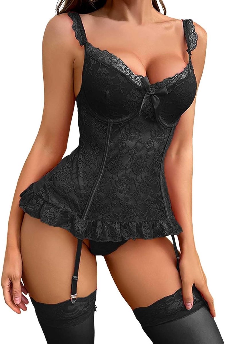 Dameslingerie, kant, babydoll, nachtkleding, babydoll, open zijkanten, verstelbare veters, brutale A173
