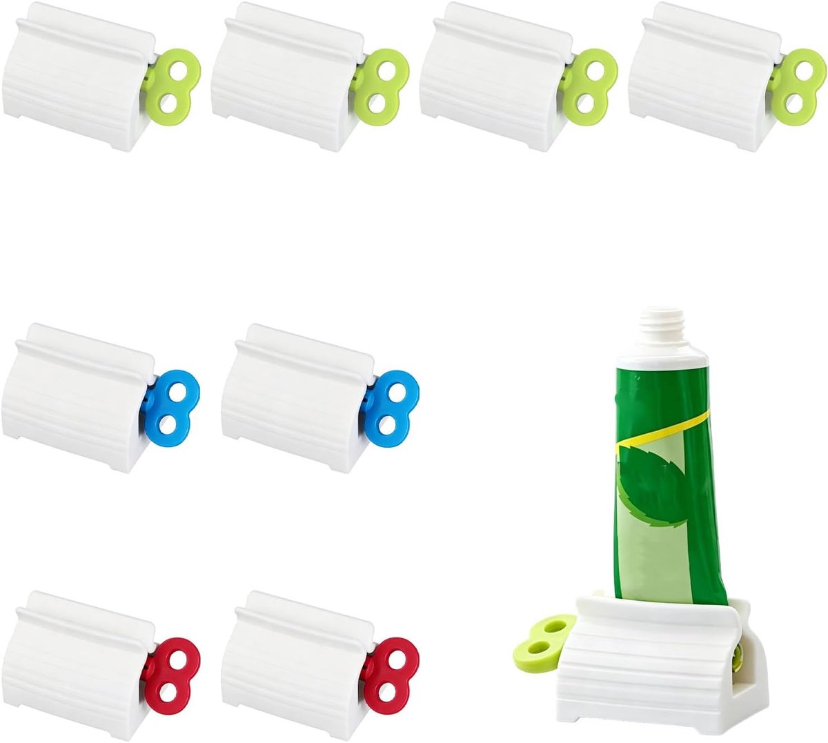 Uitdruksysteem 8-delig, ABS tandpasta- en tube roller voor alle tubes, tandpasta, handcrème en cosmetica, rood, blauw en groen, herbruikbaar en duurzaam
