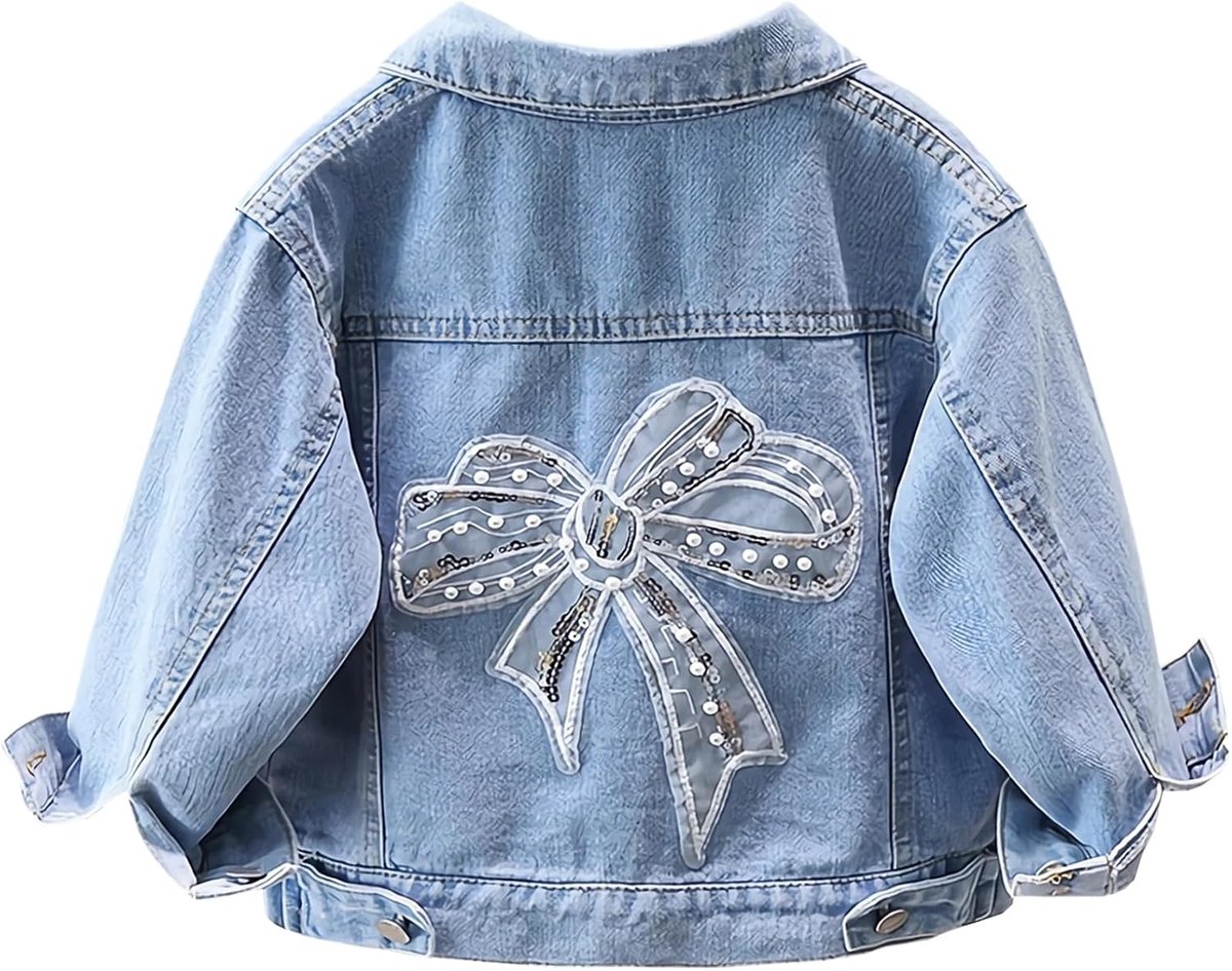 Jeansjas voor kinderen, meisjes, jeansjas met geborduurde bloemen, schattige kinderjas met strik, outdoor cowboyjas