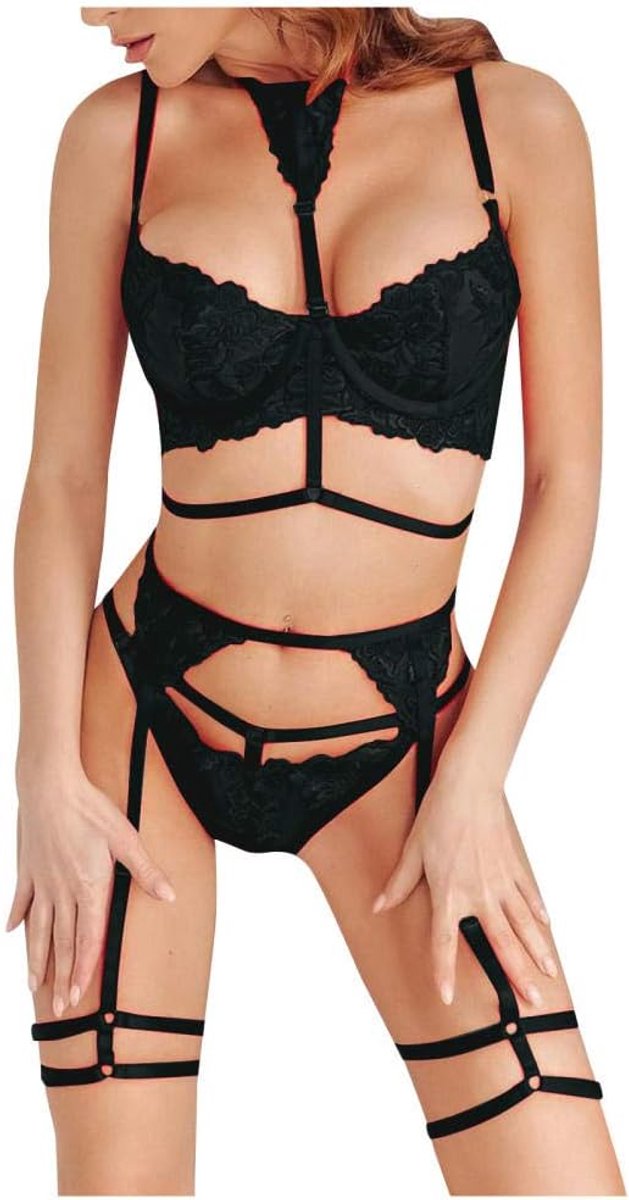 Lingerie & ondergoed Vrouwen Sexy Bandage Lingerie Transparante Kousenband Kanten Beha Nachtkleding Lingerie 3PCS-black_s