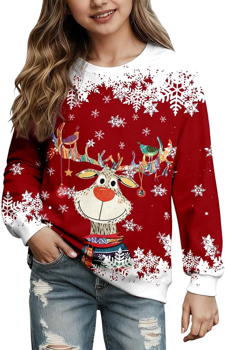 Sweatshirt met ronde hals en lange mouwen en hertenkopmotief voor meisjes (2 tot 14 jaar)