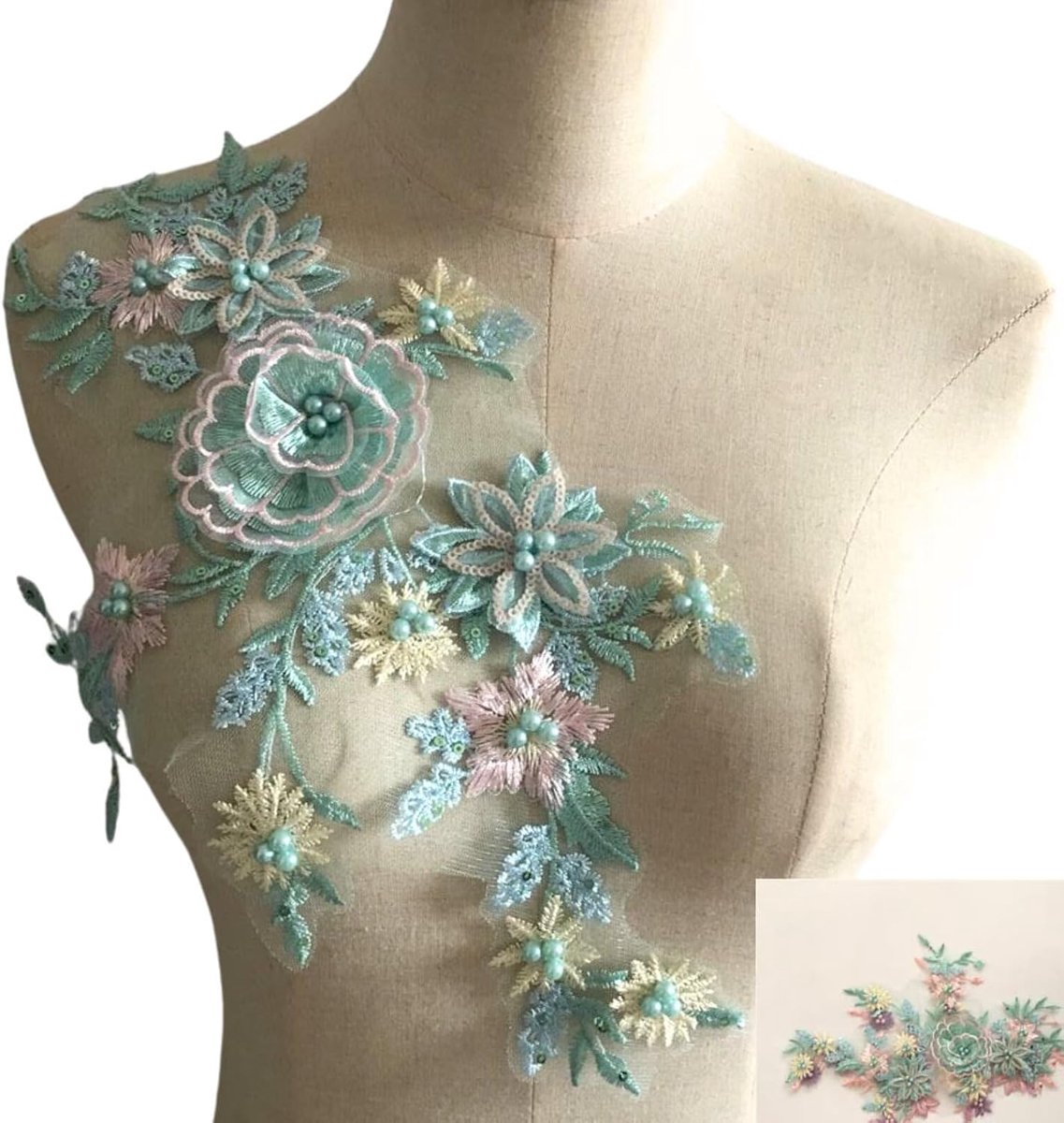 2 Stuks Kralen Kant Applicaties Groene Bloem Patches Naaien Decoratie Applicaties Reparatie Patches Voor Trouwjurk Jurk Lijfje Kostuum Kleding Ambachten DIY