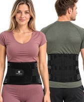 Vrouw en man met KANGKA rugbrace. Zwarte rugbrace met witte accenten en klittenbandsluitingen.