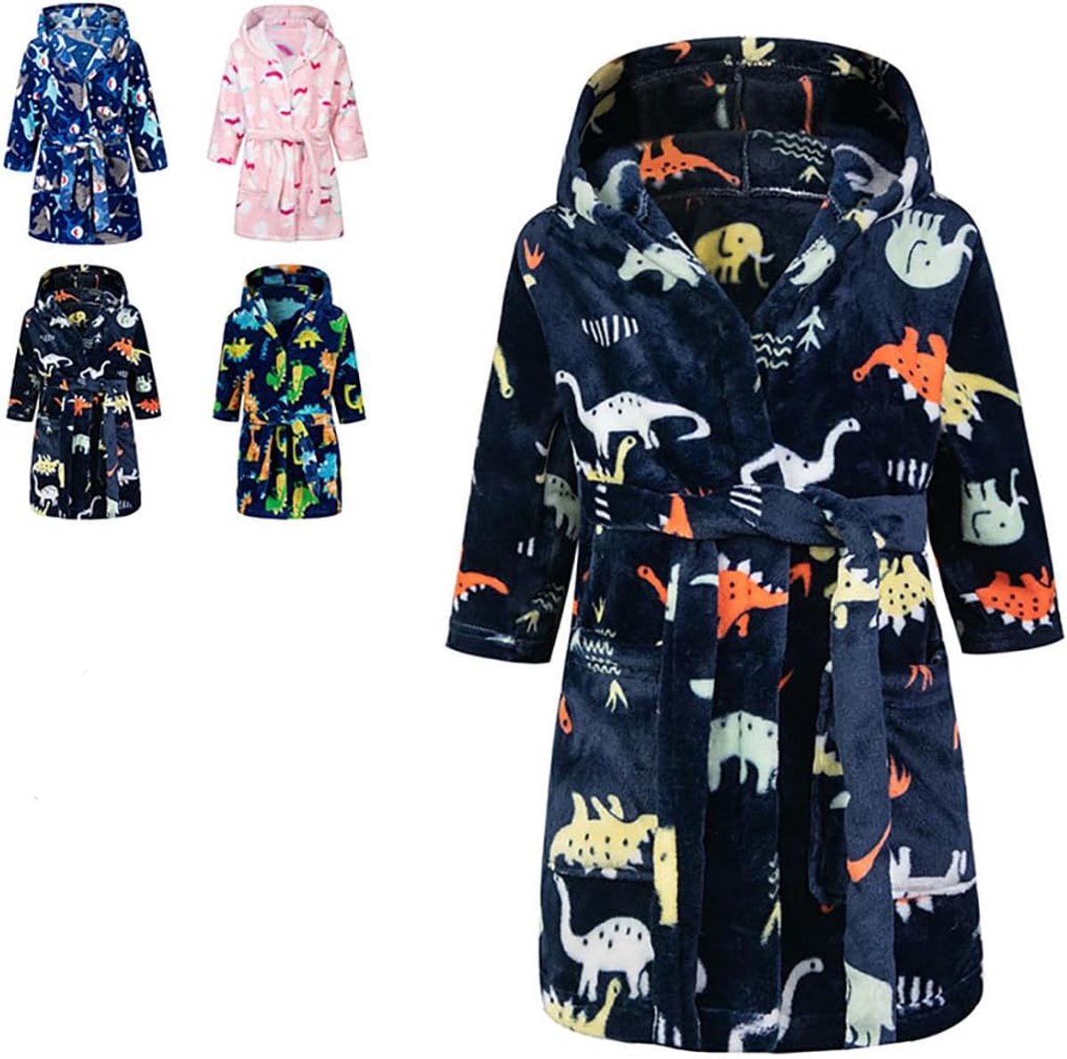 Badjas voor kinderen, met capuchon, voor jongens en meisjes, badjas, ochtendjas, behaaglijk, warme en zachte pyjama's, kleine kinderen, coral fleece, hoodie, 2-9 jaar, zwarte dinosaurus