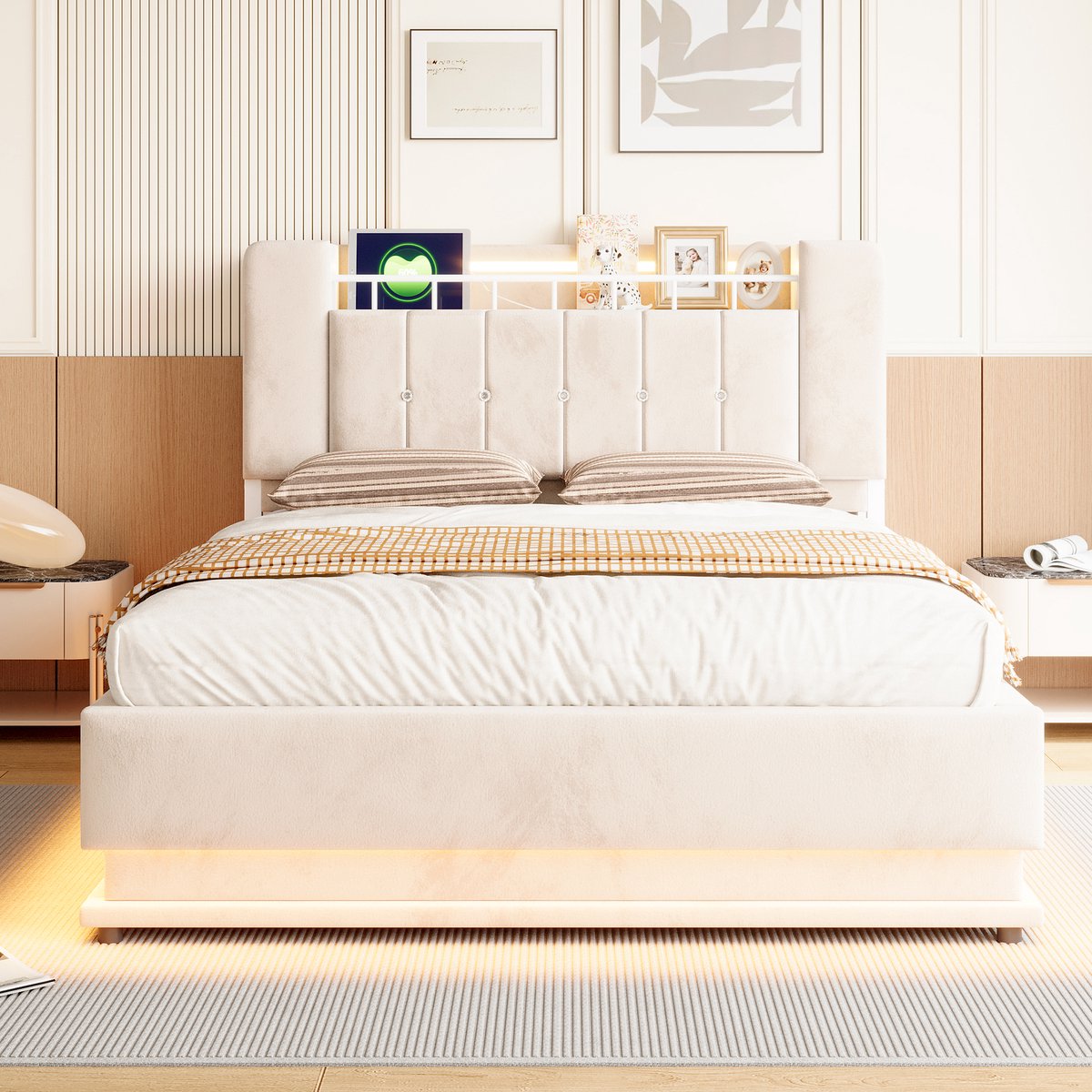 VVBV Bed met Opbergruimte 140x200 – Gestoffeerd Tweepersoonsbed van Upholstered met Hydraulische Opbergruimte, Lades en Lattenbodem – Beige