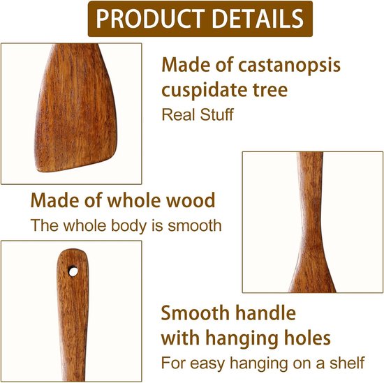 Spatel, houten spatel om te koken, houten kookbestek, premium pannenlift, houten spatel, houten spatel, keukenspatel met lange handgreep van massief hout hardhout, 2 stuks — afbeelding 5