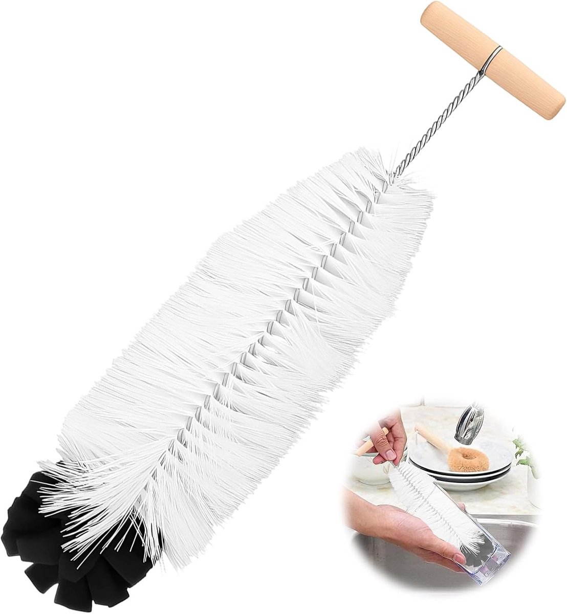 Flesborstel, lange flessenreiniger met borstelharen, spons, reinigingsborstel voor glazen karaf, sodaflessen, babyflessen, drinkflessen, 35 cm x 9 cm
