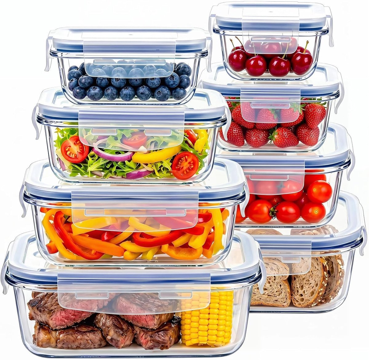 Voedselcontainer van glas met deksel, luchtdicht en lekvrij, 141,7 tot 992 g, ovenbestendig, 8 stuks