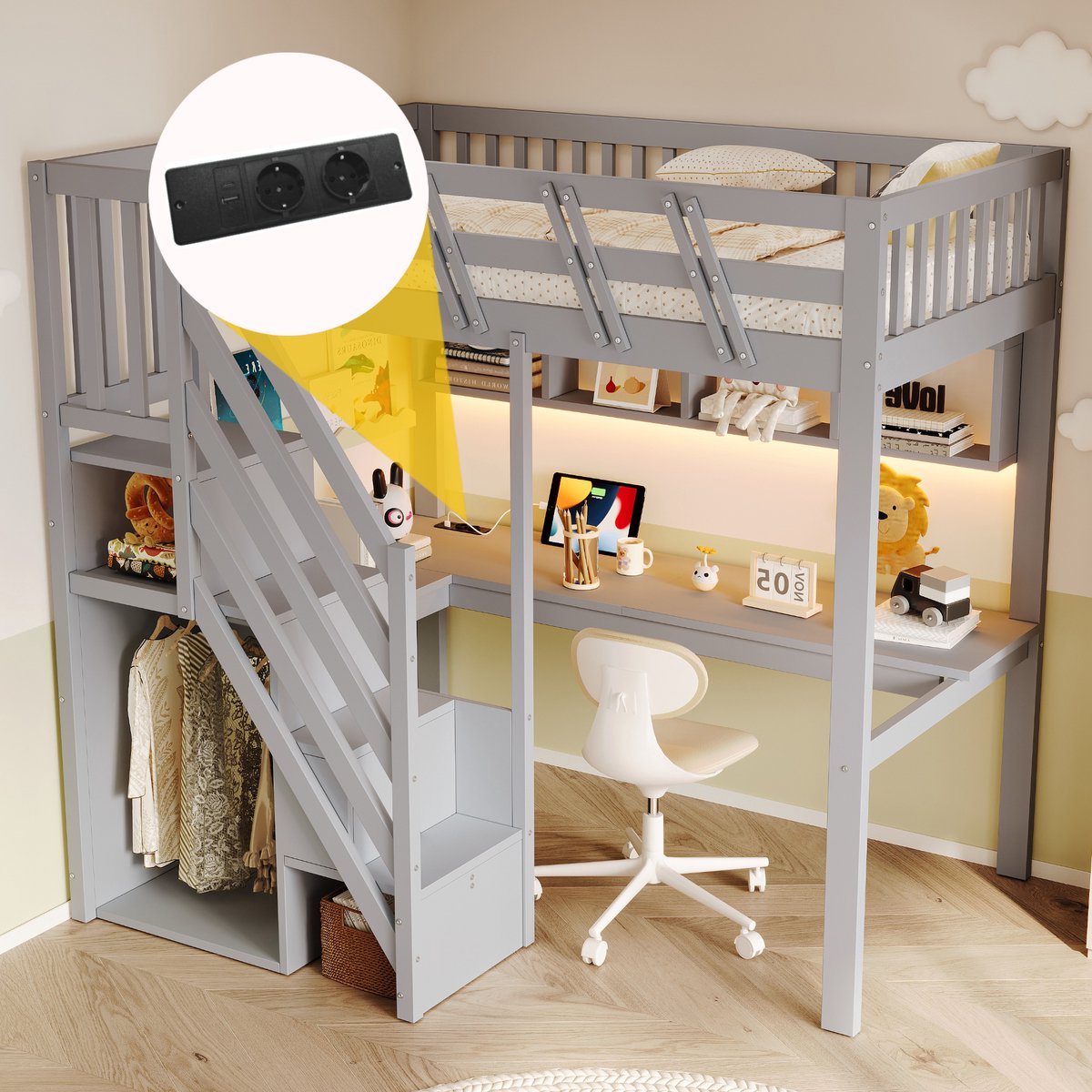 VVBV Kinderbed 90x200 – Kinderbed van Hout met Opbergruimte, Lades, Opbergvakken, Uitvalbeveiliging, LED-Verlichting, USB en Stopcontact – Grijs