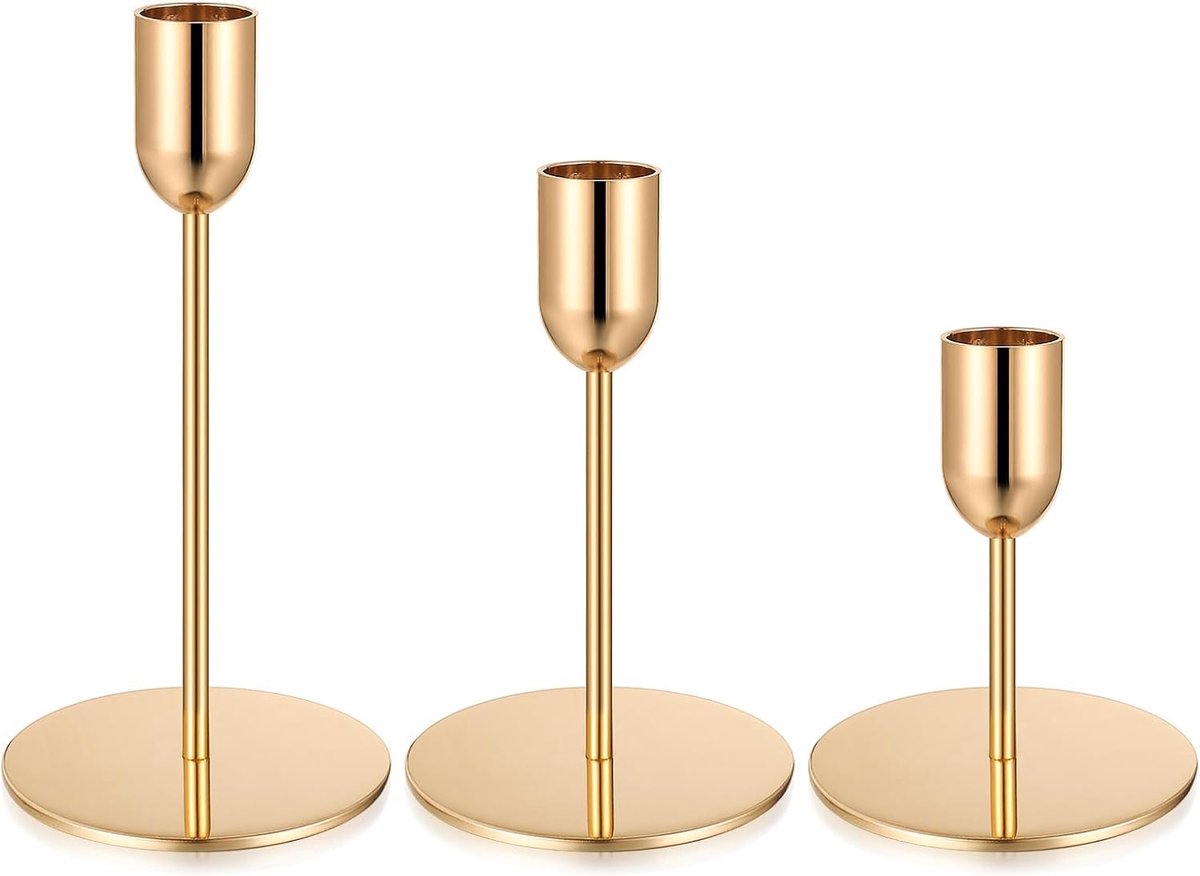 Set van 3 gouden kandelaars voor taps toelopende kaarsen, gouden kaarsenhouders, metalen hoge taps toelopende kaarsenhouders voor huisdecoratie, bruiloft, feesttafelversiering (bekerstijl)