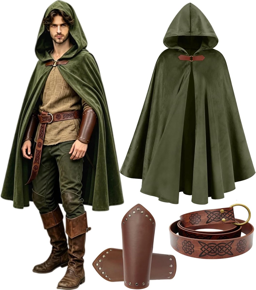 Kasahara Middeleeuwse Vikingcape met capuchon, kostuumset voor Halloween, carnaval met riem, riemtas, hoofdtooi heksenoutfit, cape Ren Faire kostuum (groen-100)