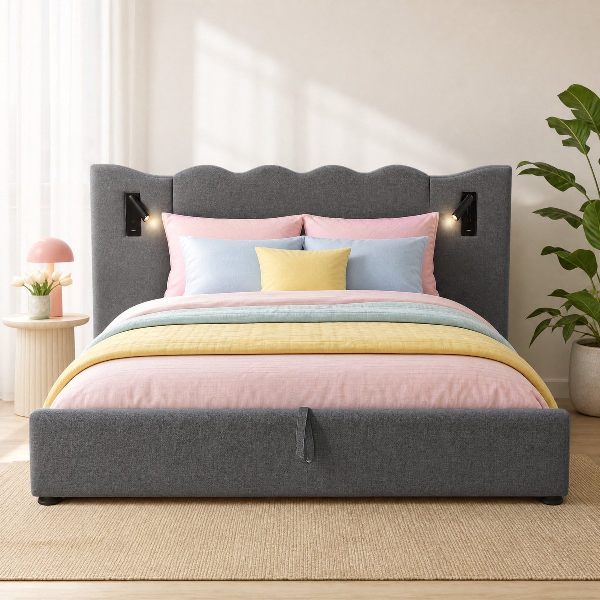 WUVRIE Tweepersoons opbergbed 180x200 cm met leeslamp, USB en USB-C, grijs