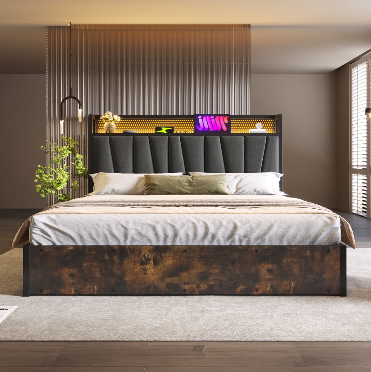 WUVRIE Tweepersoonsbed 180x200 cm met LED-hoofdbord, USB, stopcontacten en opbergruimte, grijs