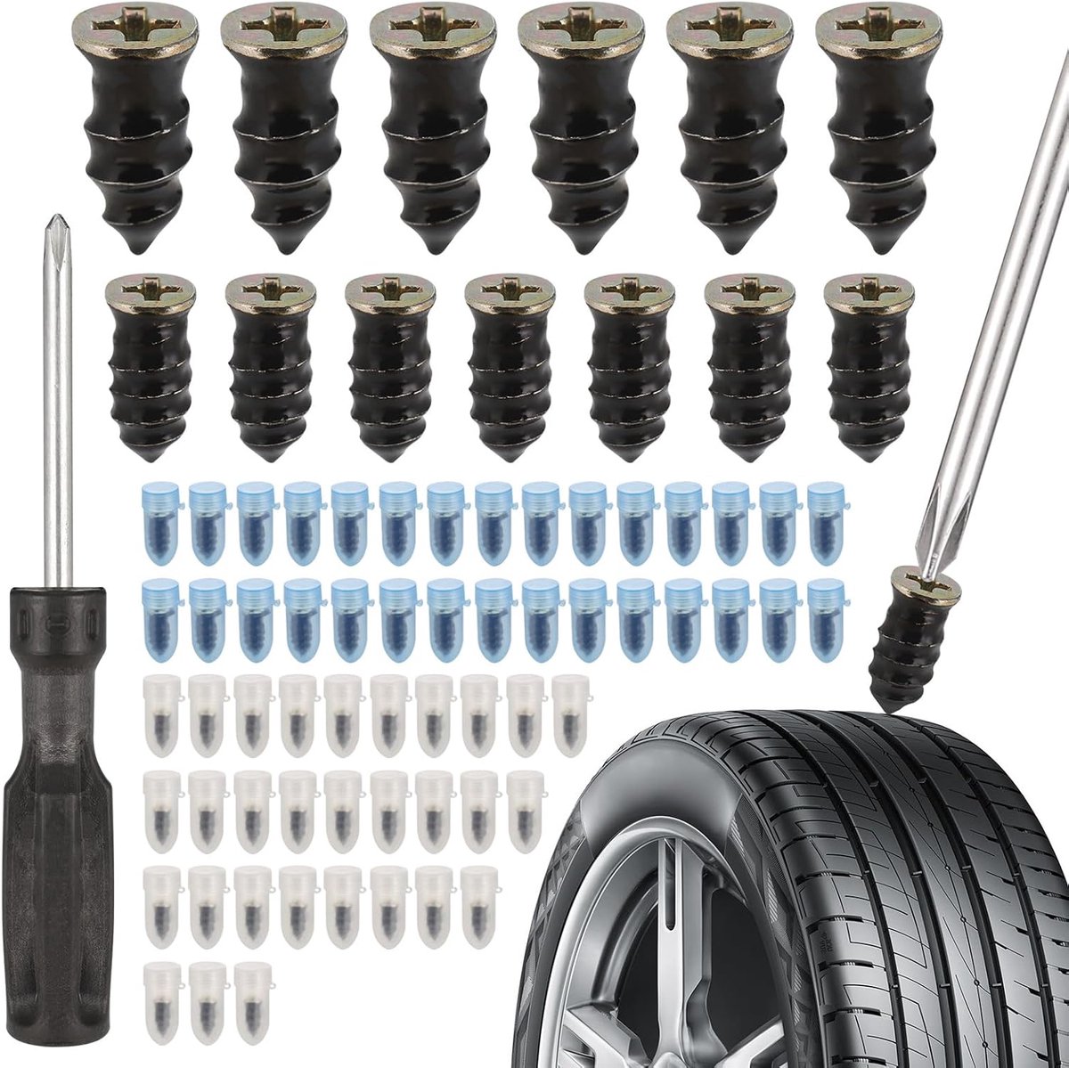 SnelShoppen - 60 stuks Vacuüm Bandenreparatiespijker - Tubeless Bandenreparatieset met Schroevendraaier - Rubber met Stalen Spijkers - Voor Auto en Mo