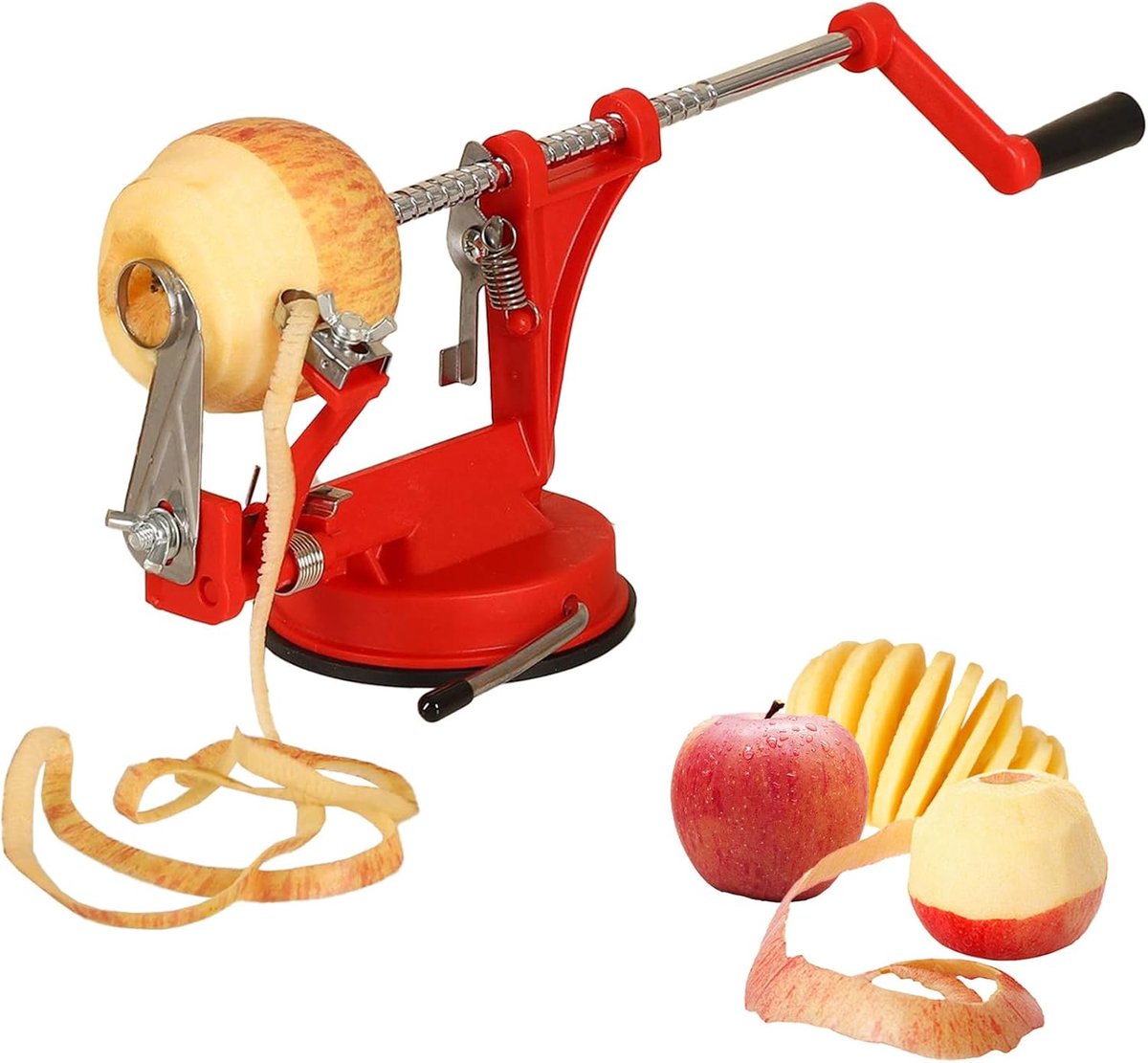 SnelShoppen - 3-in-1 Spiral Cutter voor Aardappelen, Groenten en Fruit - Rood, RVS Mes, Handmatige Spiral Cutter, Peelen, Snijden en Pitten, Keukenacc