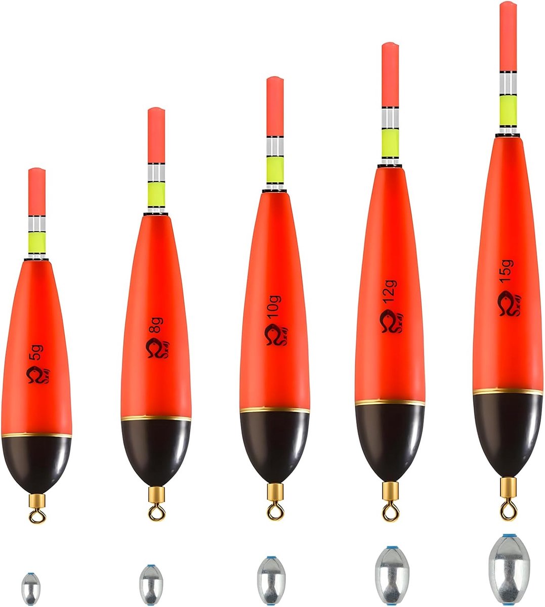 SnelShoppen - 5 Delige Vissersfloat Set met 15 Stuks Visserslood, Vissersaccessoires voor Snoek, Baars, Karper, Duurzaam ABS, Lichtgewicht en Betrouwb