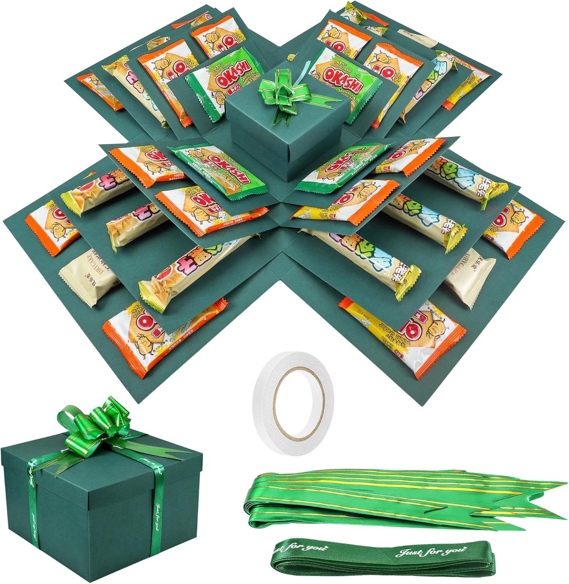 SnelShoppen - 5-laagse explosiebox, herbruikbare geschenkdoos, groen, DIY verrassingsdoos voor verjaardag, Kerstmis, feest, handgemaakt, papiermateria