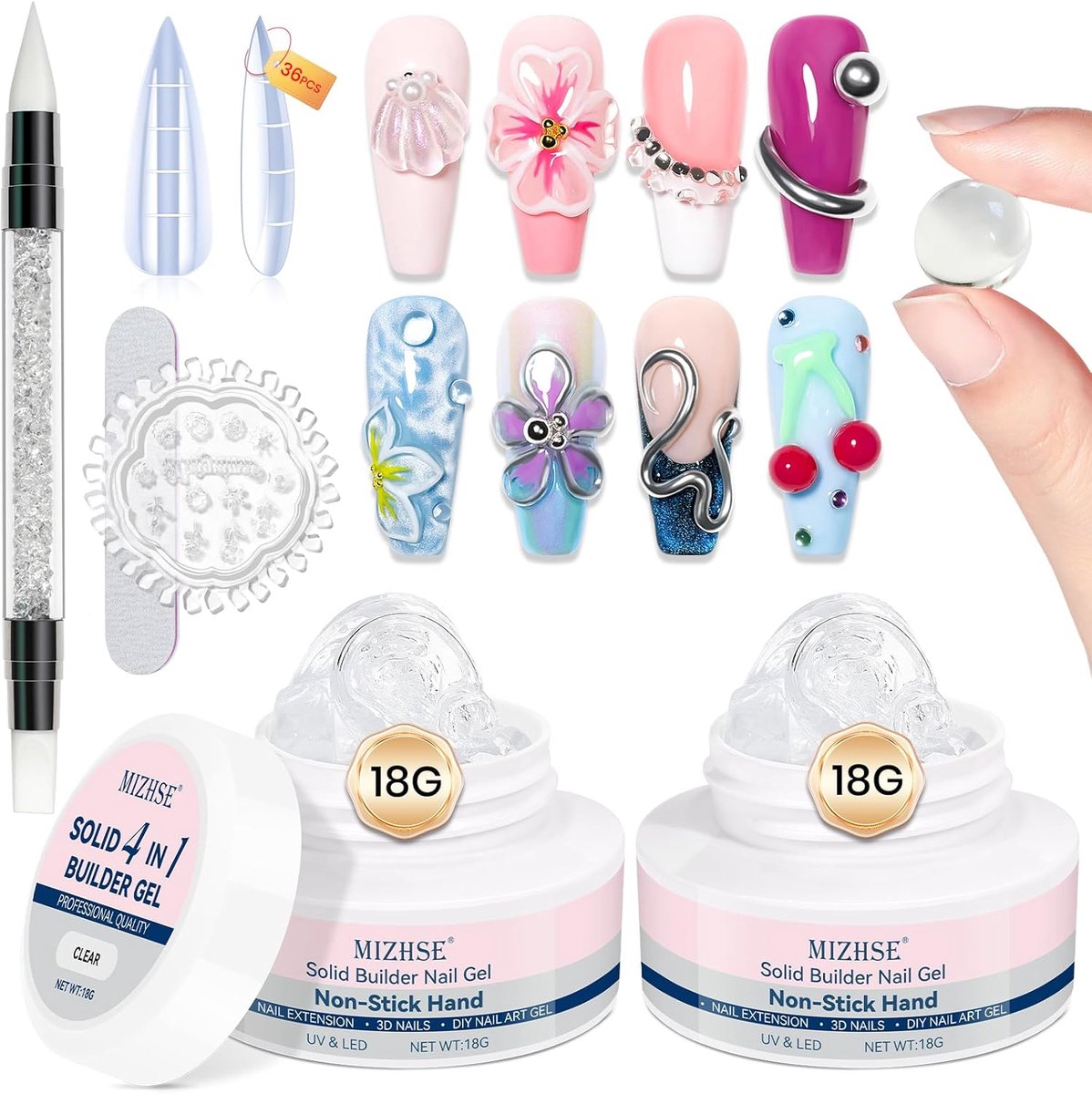 SnelShoppen - Vaste Builder Gelset voor Nagelverlenging, Transparante 3D-Gelnagelkunst, Opbouwgel met Siliconen Nagelkwast, Multifunctionele Nagellijm