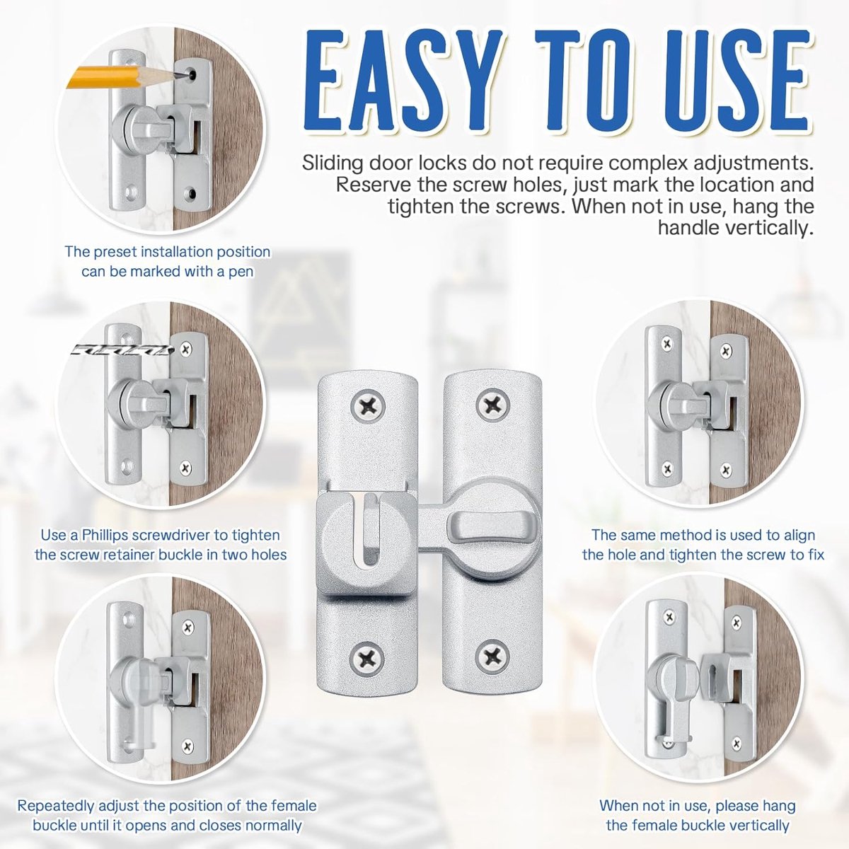 SnelShoppen - 2 Pcs Schuifdeur Slot, 90/180 Graad Schuifdeur Latch met Schroeven en Zelfklevende Deurbuffer voor Keuken, Raam, Balkon
