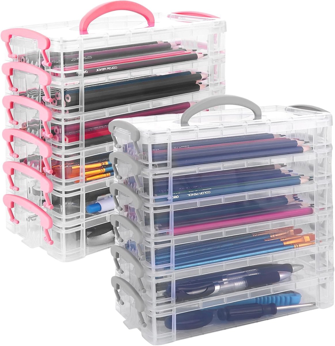 SnelShoppen - Set van 12 Stapelbare Pen Boxen met Deksels, Transparant, 21.5 x 10 x 20.5 cm, Waterdicht en Stofdicht voor Kantoorbenodigdheden en Klei