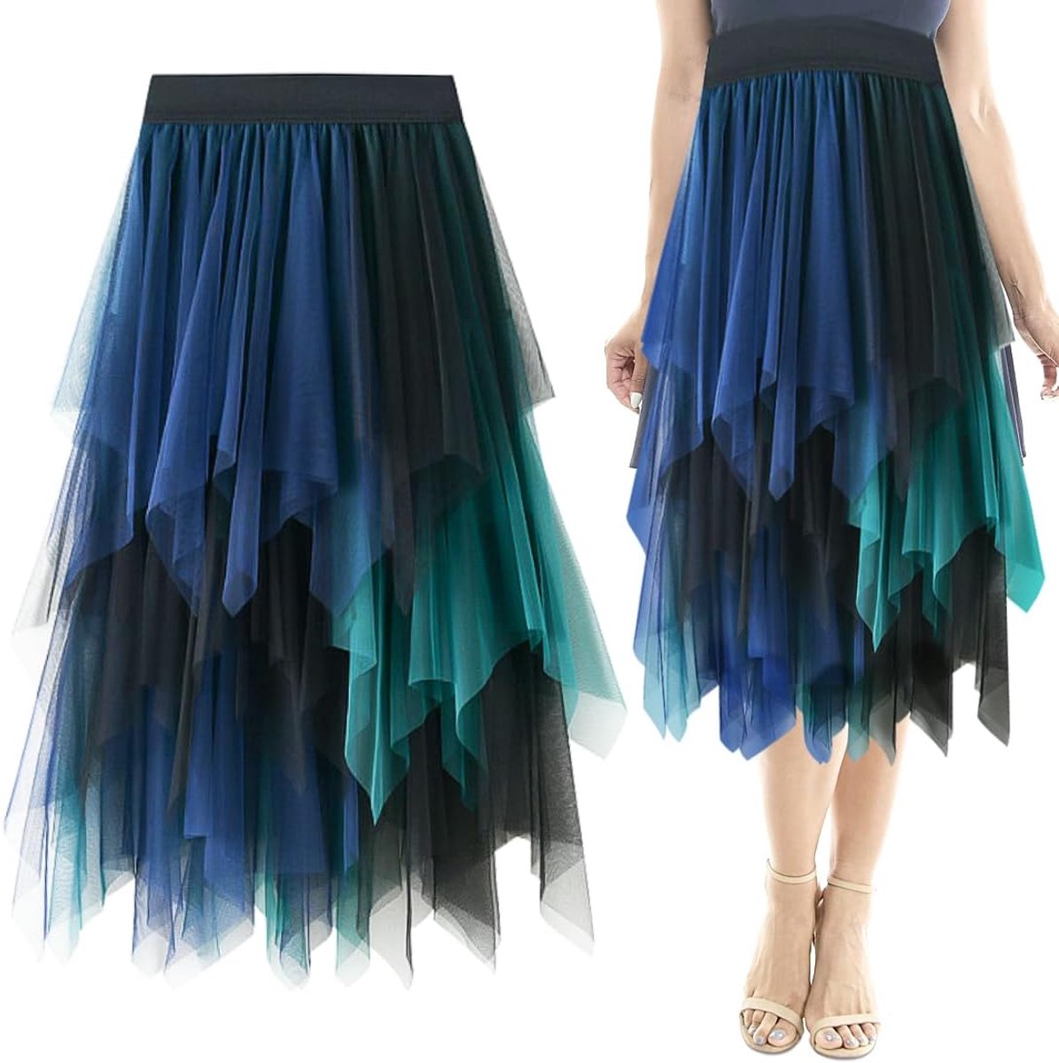 Tule rok voor dames, asymmetrische rok, onregelmatige mesh-plooirok, hoge taille, midirok in A-lijn, zwart, blauw, groen, rok, tule onderrok, plooirok, eindexamenbal, carnaval, feest