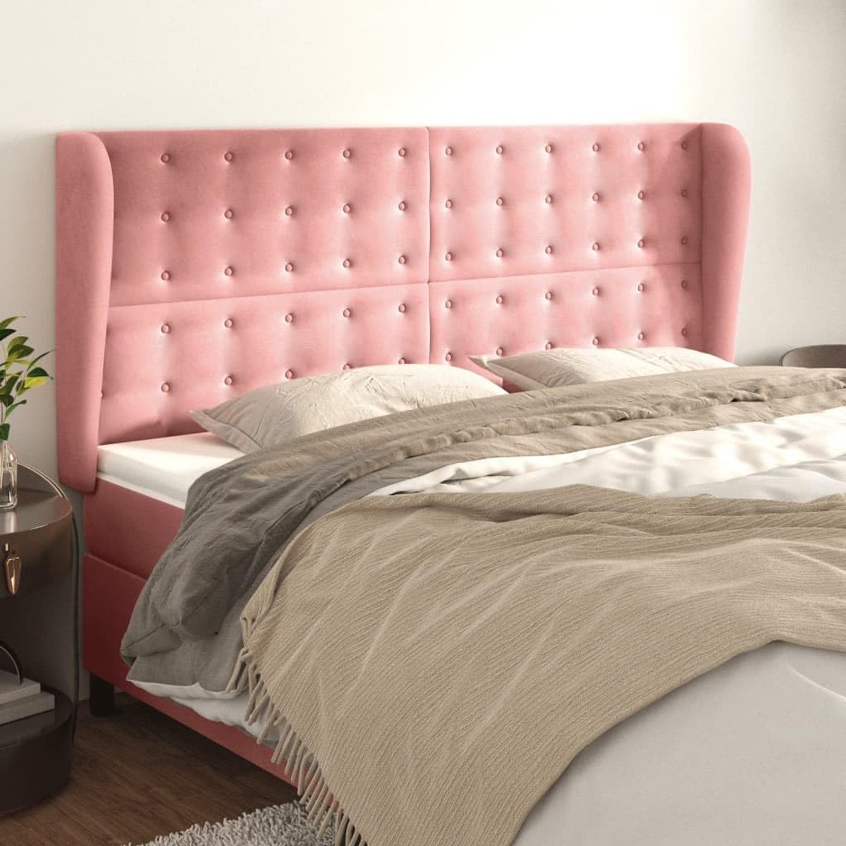 Hoofdbord met oren, roze, 203 x 23 x 118/128 cm, fluweel, hoofdeinde voor de slaapkamer, hotel, hoofdeinde, werkkamer, voor slaapkamer, tweede slaapkamer, hotel