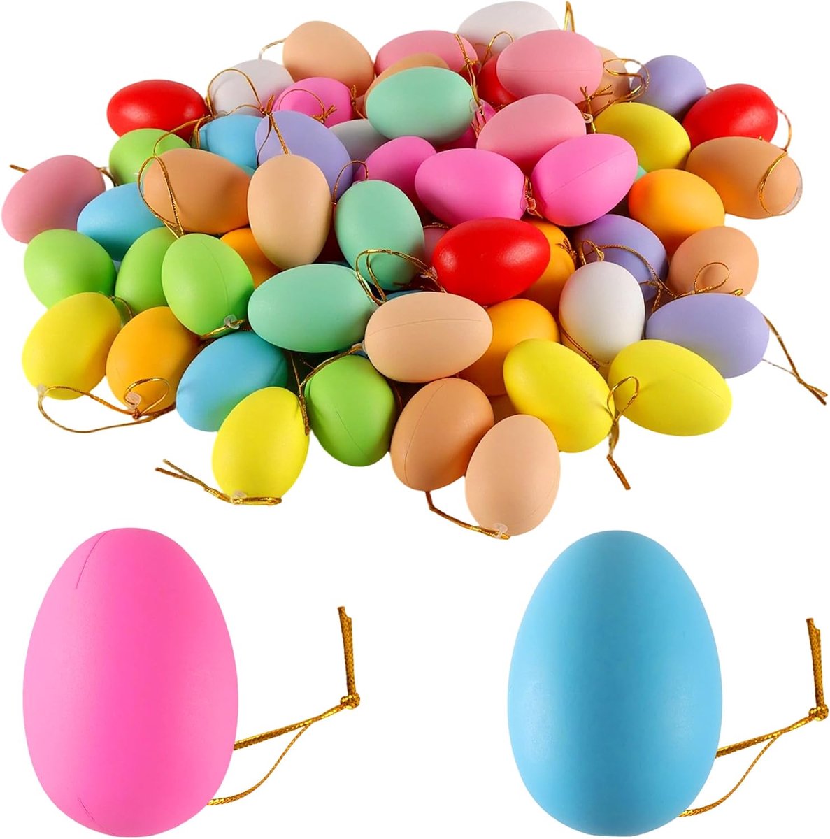60 stuks plastic paaseieren om op te hangen, 6 x 4 cm, kleurrijke plastic eieren om te beschilderen, kleurrijke plastic paaseieren, decoratie met koord voor paasfeest, geschenken, hangende