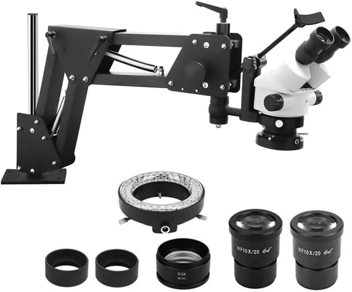 Sieradenmicroscoop met veerarm en universele houder, 7-45 x continue zoom, grote koperen lens, 95-300 mm werkafstand, groothoeklens stereo-microscoop
