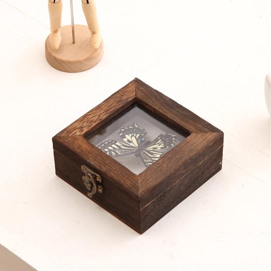 Houten opbergdoos, 10 x 10 x 4,5 cm, met glazen deksel, metalen sluiting, kleur bruin, kleine decoratieve vitrine voor het opbergen van herinneringen, verzamelmonsters — afbeelding 4