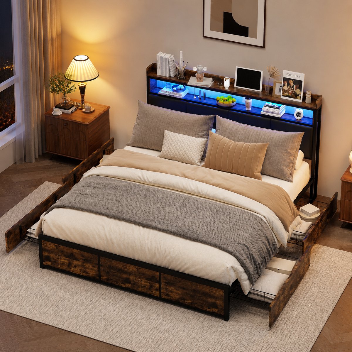 MEXUS Tweepersoonsbed (140 x 200 cm), LED Verlichting, Lades Hoofdbord Opbergruimte, Ontworpen Waarde Hecht Hoge Kwaliteit Praktische Opbergoplossingen, Vooral Bij Beperkte Ruimte Zwart tijgerstrepenpatroon