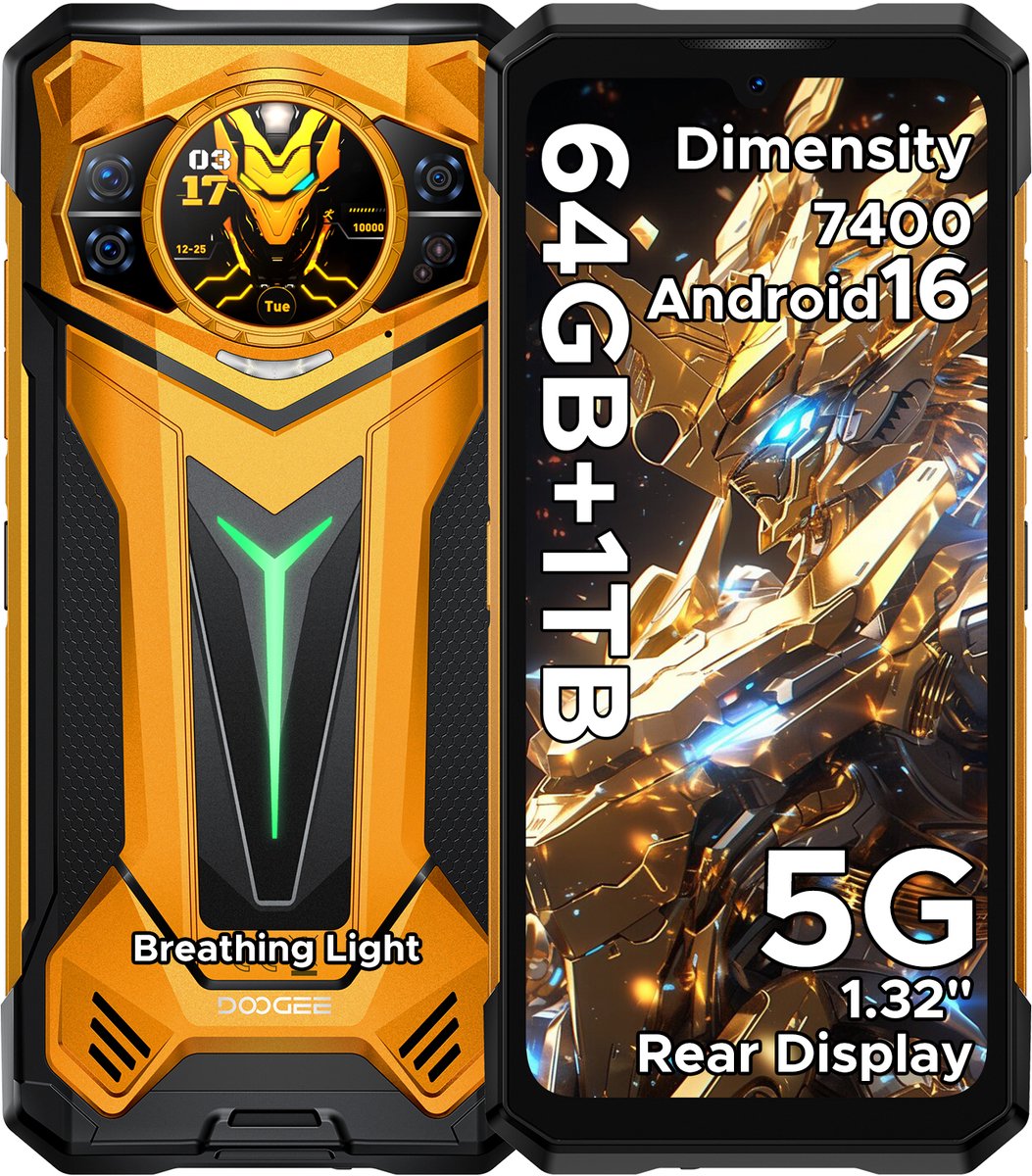 DOOGEE S200 Ultra 5G - Robuuste Smartphone - Robuuste Telefoon - 64GB RAM + 1TB ROM /2TB TF -Dimensity 7400 - 11000 mAh /66W --6,72 inch 120Hz - Android 16 -Nachtzicht-100 MP AI camera - NFC - GPS -1,32 inch display achteraan - Geel