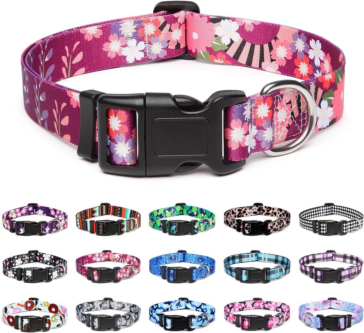 Verstelbare hondenhalsband - speciale ontwerpen, zachte comfortabele duurzame nylon halsband voor kleine, middelgrote en grote honden, S, kleurrijke bloemen