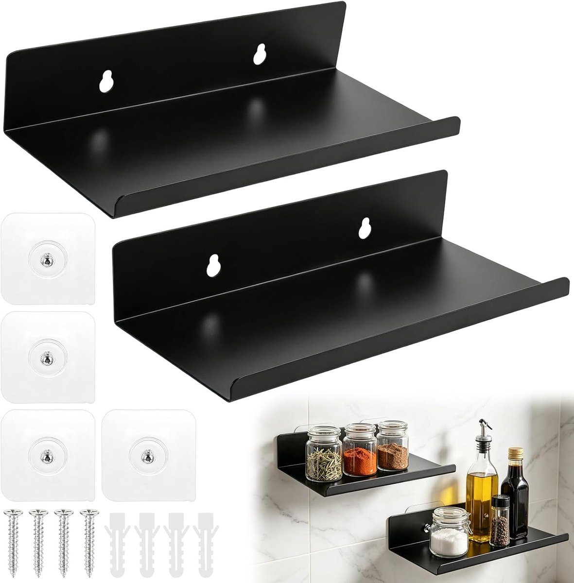 Zwevende planken, boekenkast, muur, kleine wandplanken, fotolijst, zwart, woondecoratie, wandplank voor woonkamer, keuken, slaapkamer, kantoor