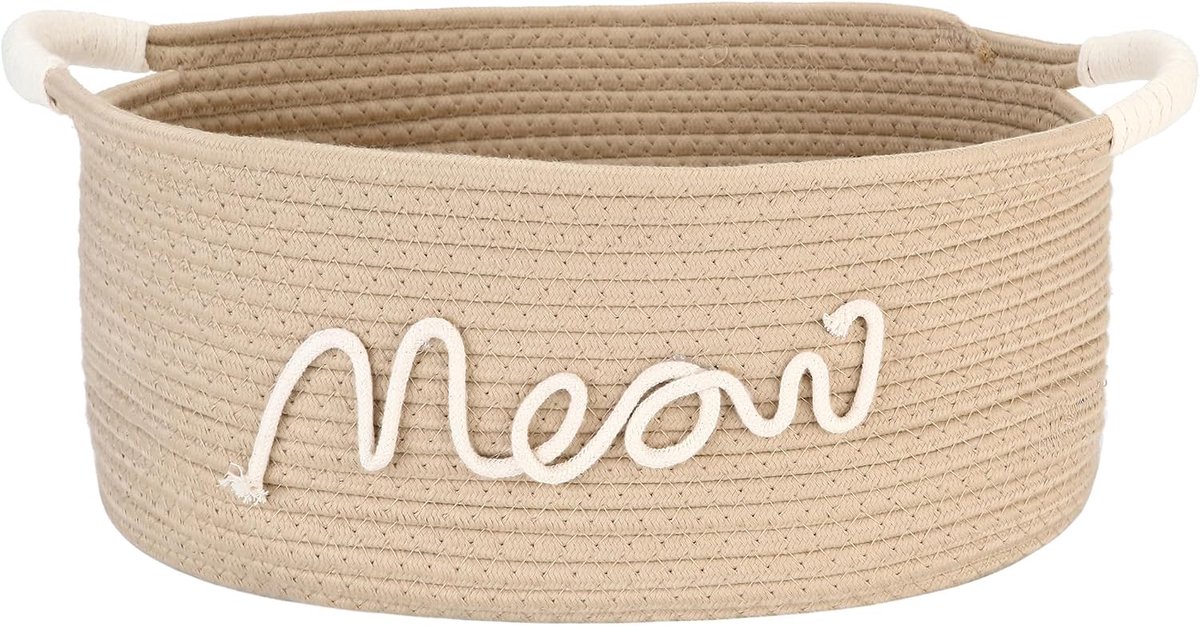 Team Opbergmand voor kattenspeelgoed met handgrepen, 41,9 x 27,9 x 17,8 cm, 16,65 l, grote opbergcontainer van katoenen touw, plankmand, organizer voor kattenkauwspeelgoed en voer, beige meow