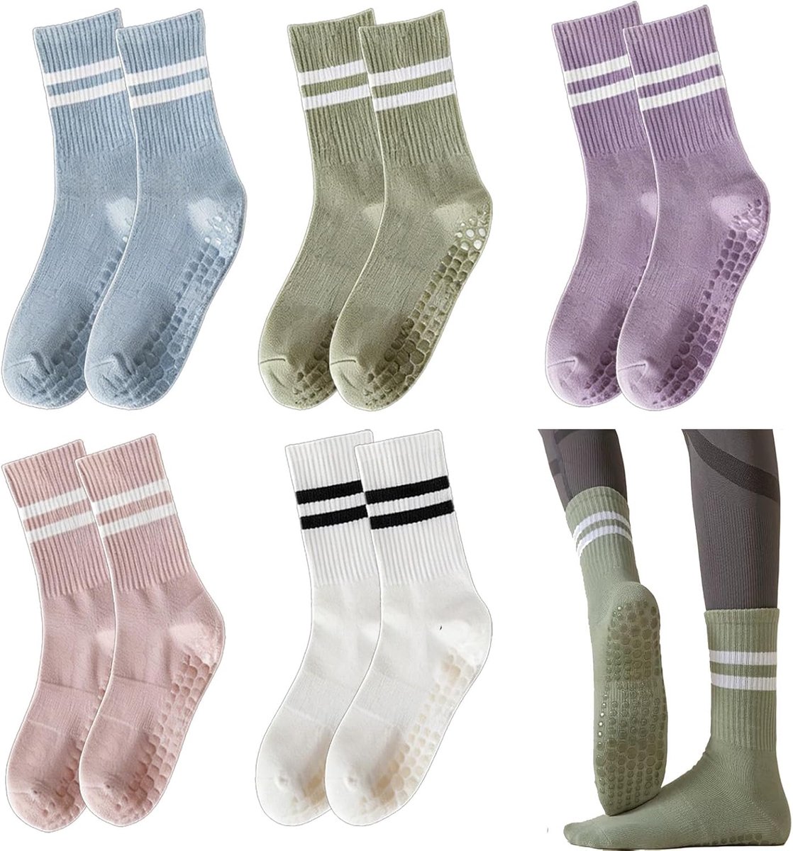 Sokken Dames - 5 Paar Katoenen Antislip Sokken met Siliconen Noppen voor Yoga en Sport - Ademend en Comfortabel