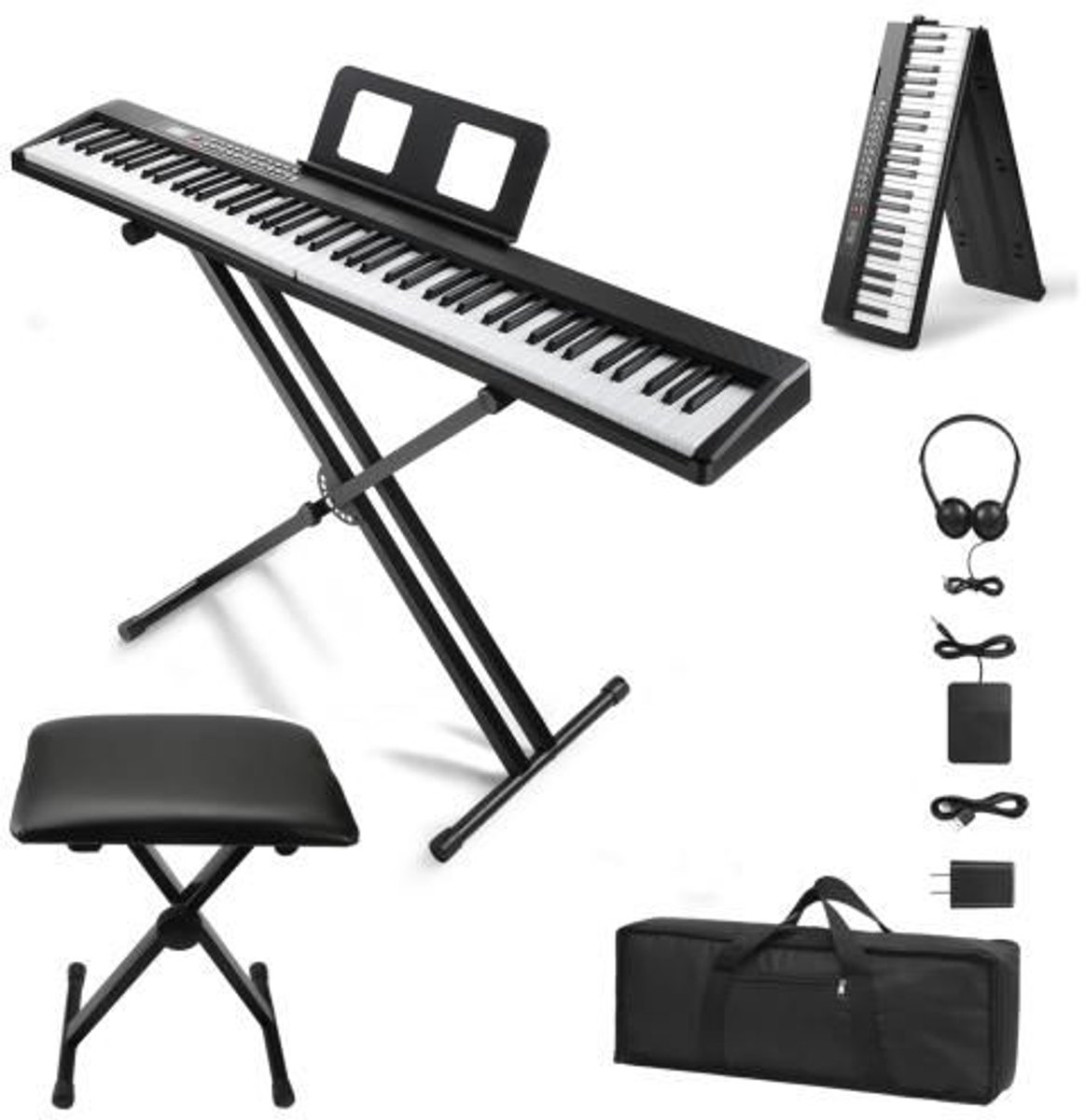 LEADZM Piano ensemble- 88 toetsen opvouwbare digitale piano met standaard, bank, hoofdtelefoon, 420D tas - Wit + Zwart