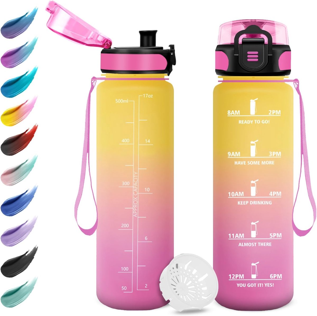 Drinkfles voor kinderen, 500 ml, eenvoudige reiniging, sportfles met tijdsweergave, drinkfles voor kinderen, met filter, drinkfles voor sportschool, hardlopen, yoga, kantoor, school,