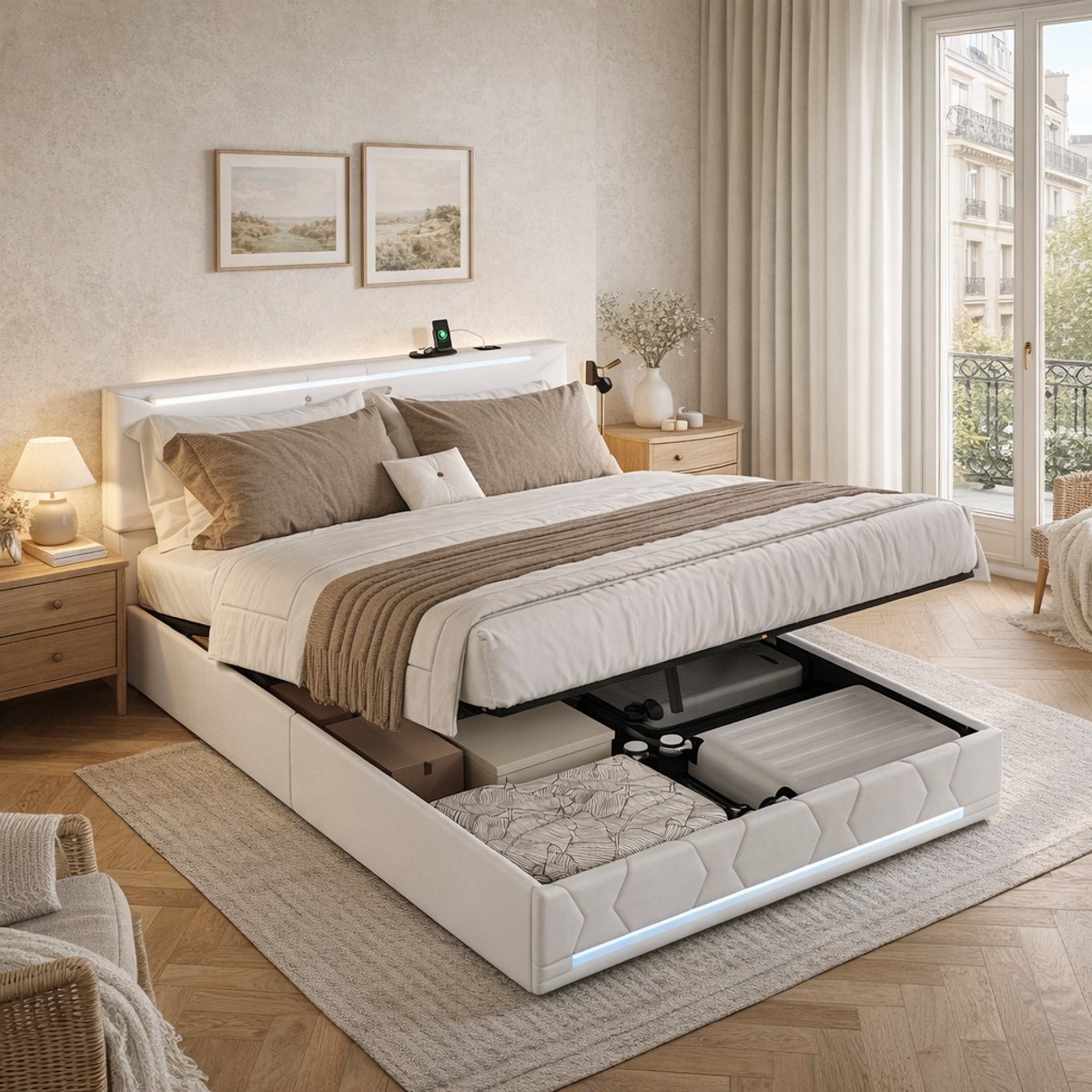 MEXUS Opbergbed 140x190 cm, Tweepersoonsbed, LED/USB-Poorten Gestoffeerd Bedframe Hydraulische, Combineert Opbergruimte voor Kleding, Oplaadmogelijkheden Apparaten Gezellige Sfeer (140 x 190 cm) Beige