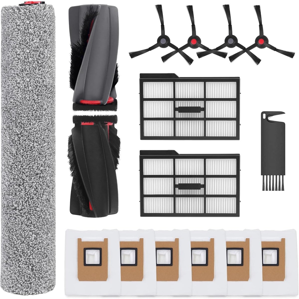 Accessoires Vervanging voor Eufy E25 Omni / E28 Omni Stofzuiger, E28 Accessoires Kit Inclusief 1 Hoofdborstel, 1 Rolmop, 4 Zijborstels, 2 HEPA-filters, 6 Vervangende Stofzakken