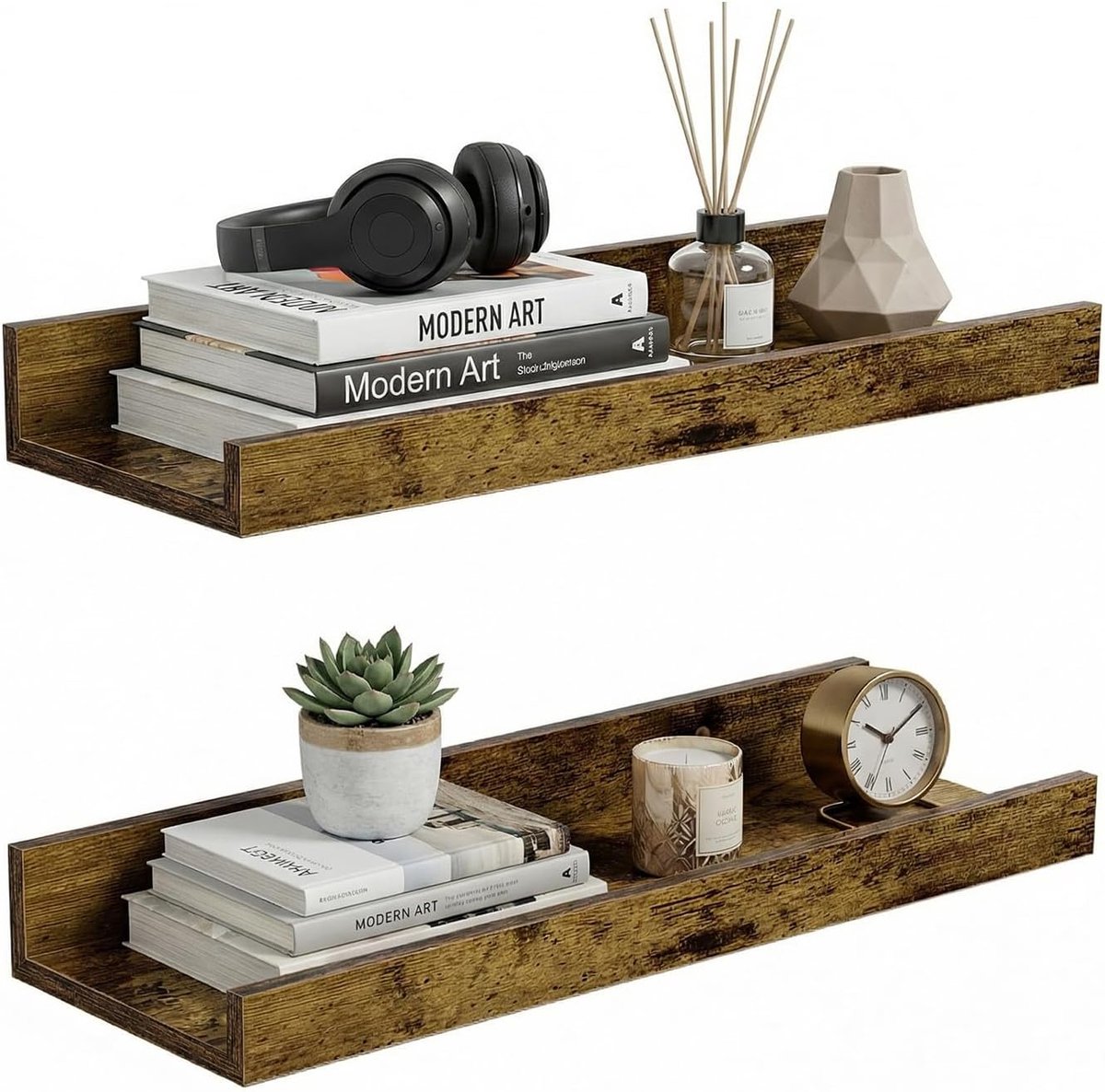Set van 2 wandplanken van 40 cm - Gemaakt van MDF-hout - Met valbeveiliging - Voor hal, keuken, badkamer en woonkamer - Vintage bruin