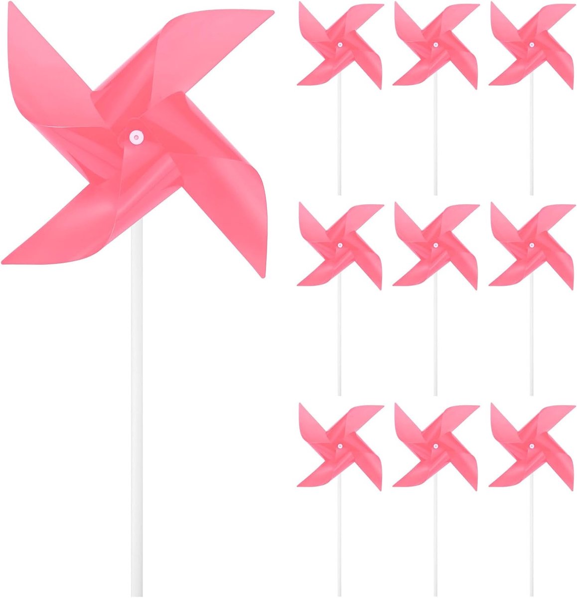 Set van 10 regenboog-pinwheels met vier bladen, 25,5 cm plastic windspinners buiten bloemenmolen voor feestdecoraties/tuin/tuin, speelgoed windspinners [roze]
