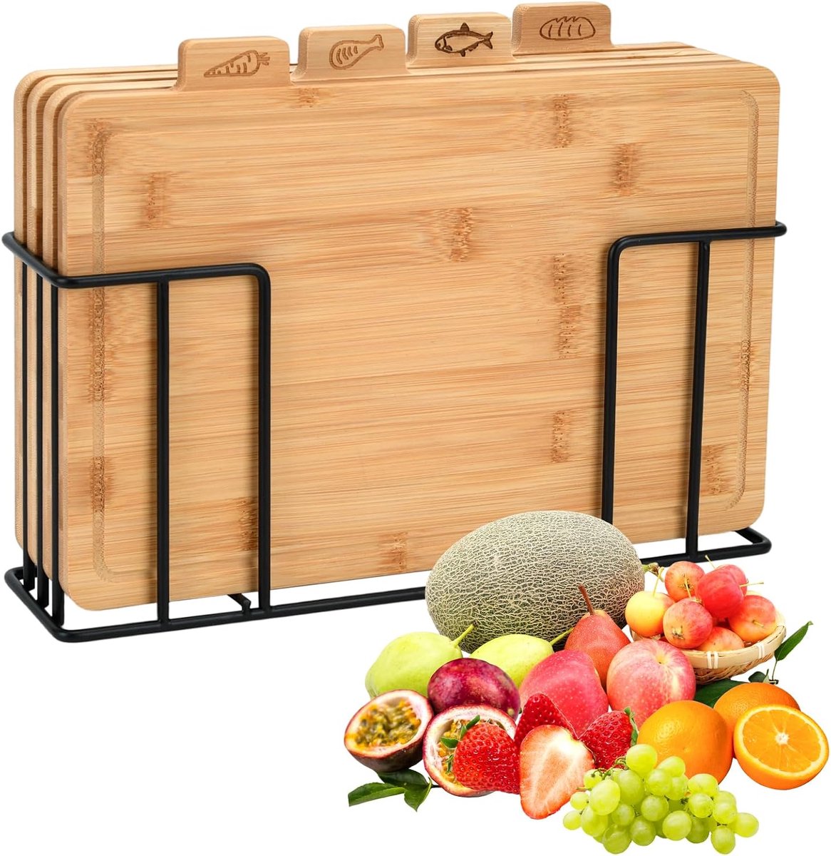 4-delige bamboe snijplankenset met ijzeren standaard, 32 x 25 cm, snijplanken voor vlees, groenten, vis en fruit, perfect voor snijden, snijden en bereiden