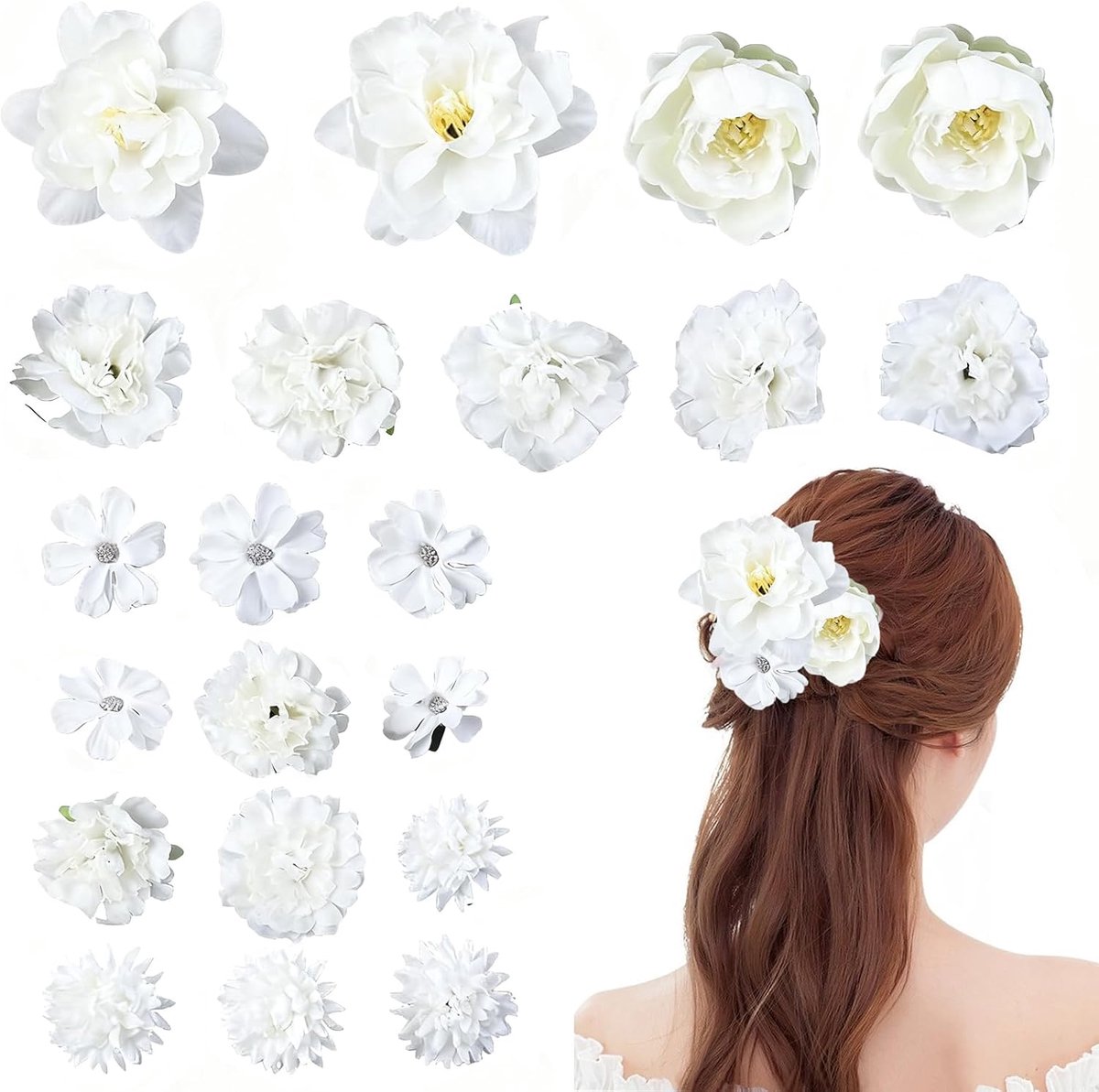 21 stuks witte bloemen, haarclip, kunstbloemen, haarsieraad voor feest, strand, bruiloft, evenementendecoratie